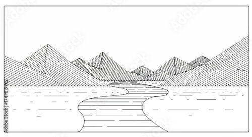 A minimalist black and white vector illustration depicts a serene mountain landscape with a winding river flowing through it, presented on a clean white background.