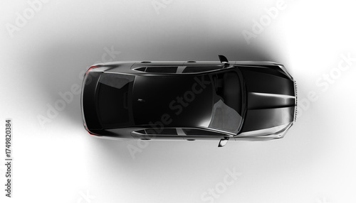 Top view render of dark grey colored modern sedan car on a transparent background