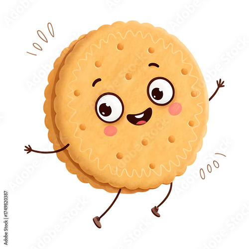 Whimsical round sandwich cookie character with a cheesy grin and cartoon eyes
