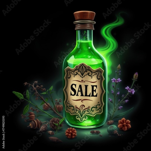 Green potion bottle with SALE label surrounded by herbs and plants  