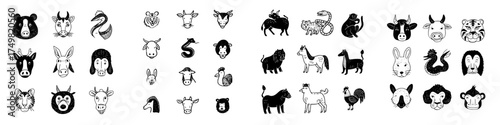 Set of hand drawn black and white icons representing Chinese zodiac animals