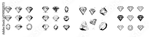 Hand drawn icons of various diamond and gemstone shapes in different cuts