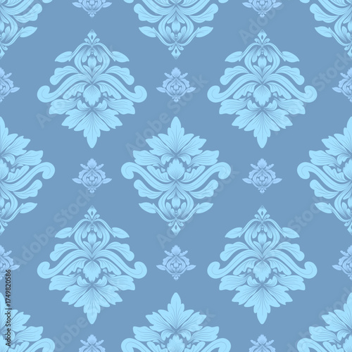 Damask seamless pattern with blue abstract flowers element, vector illustration elegant for fabric, wall paper, bedding, curtains, cushion cover, upholstery fabric, rug, wrapping, Renaissance style
