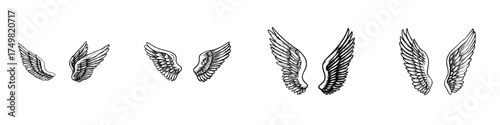 Four detailed pairs of angel or bird wings in vintage engraving style for tattoo art