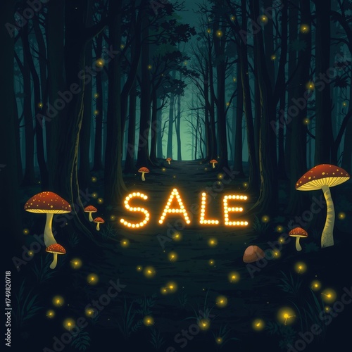 Enchanted forest with glowing mushrooms and illuminated 'SALE' sign  