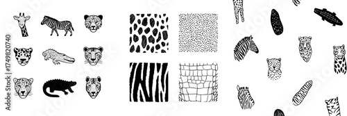 Collection of hand drawn safari animal heads and skin texture patterns