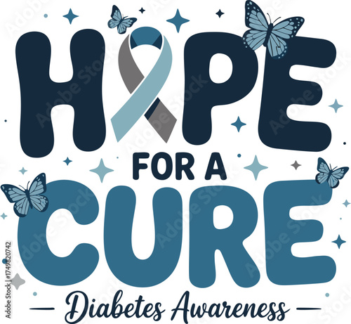 Vector art of hope for a cure diabetes awareness with butterflies and stars