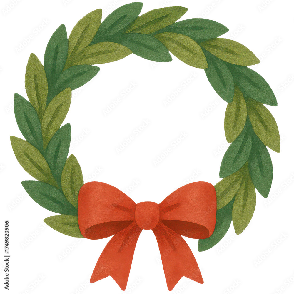 Fototapeta premium Round Holiday Wreath with Red Ribbon