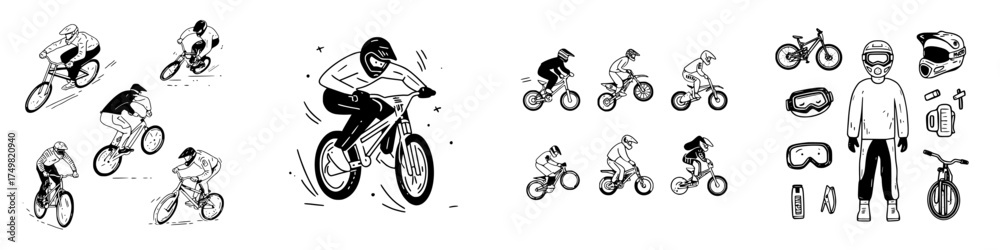 Fototapeta premium Extreme mountain biking and BMX riders performing stunts with protective gear icons