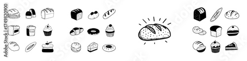 Doodle icons set of various bakery food items like bread rolls and pastries