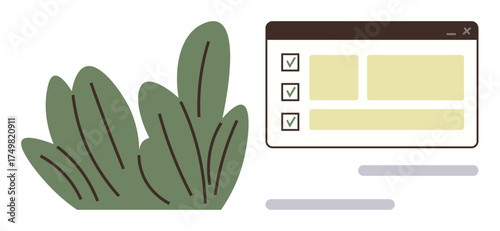 Task checklist, digital interface, and leafy plants emphasize organization, minimalism, and eco-consciousness. Ideal for productivity, eco design, sustainability, green workspace self-organization