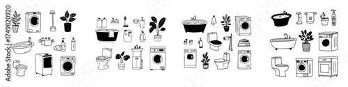 Doodle icons set of essential bathroom and laundry room appliances