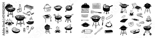 Set of hand drawn icons for barbecue cooking equipment and food items