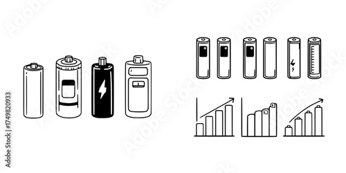 Battery charge level indicators and energy growth bar charts symbols