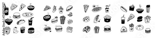 Hand drawn doodle icons set of popular fast food and snack items