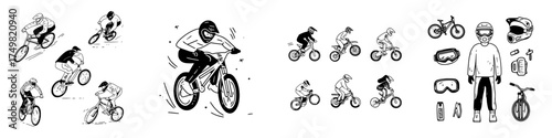 Extreme mountain biking and BMX riders performing stunts with protective gear icons