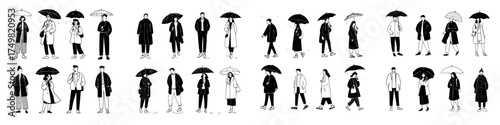 Stylish people walking in rain holding umbrellas on city street