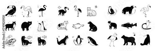 Doodle style black and white icons and silhouettes of various animals