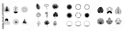 Minimalist tropical leaf and floral line art icons for modern design projects