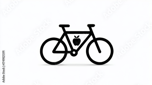 Minimalist Bold Outline Bicycle with Apple, black and white, representing eco-friendly transport and healthy living with copy space