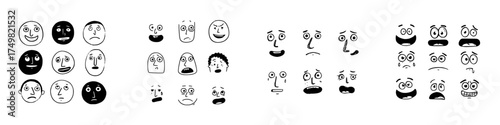 Set of hand drawn funny faces showing various human emotions and moods