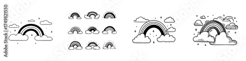 Hand drawn rainbow and cloud icons in simple doodle style