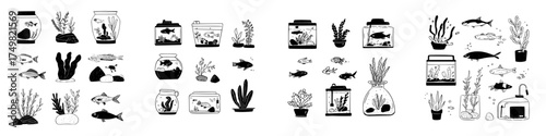 Hand drawn icons of aquarium fish and aquatic plants in outline style