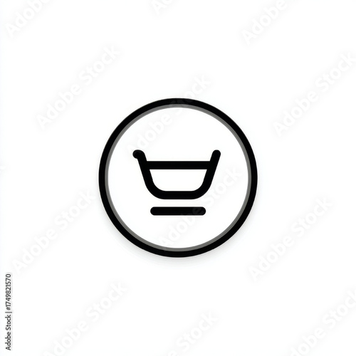  Minimalist Outline Shopping Cart Icon in Circle, black and white, for online purchasing and e-commerce with copy space