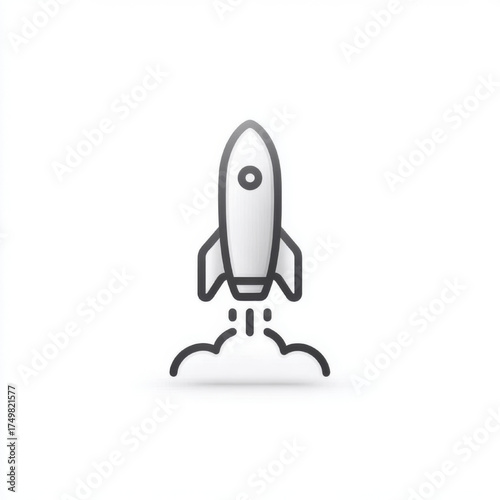 Minimalist Outline Rocket Launch Icon, white and gray, representing startup innovation and rapid growth with copy space