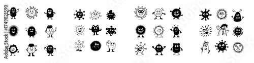 Collection of cute and scary cartoon microbe and virus characters in black and white