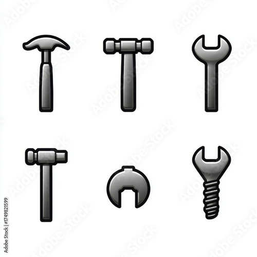 Stylized Silver Hand Tools Icons Collection, silver and white, representing repair and craftsmanship with copy space