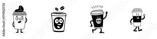 Four stylized coffee cups with expressive faces and limbs