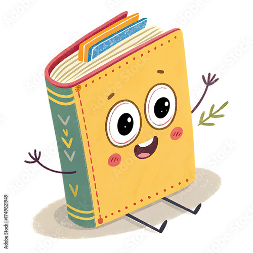 Joyful cartoon book character with smiling face learning and growing through reading
