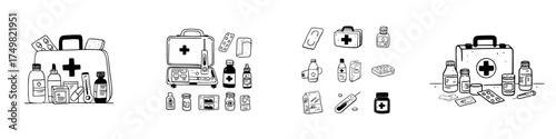Essential first aid kit supplies and medical treatment items group