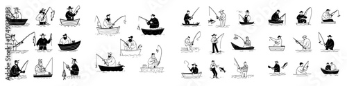 Set of Stylized Icons Depicting Fishermen Using Rods and Boats