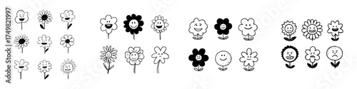 Doodle flowers with various happy and angry cartoon faces