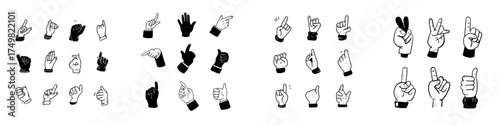 Set of hand gesture icons in simple black and white doodle style