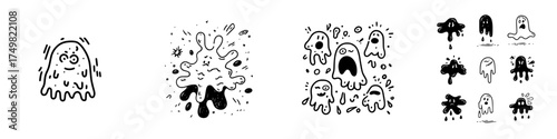 Cute and spooky cartoon ghost and slime character icons set