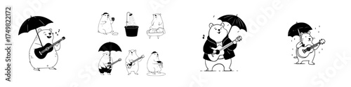 Cute cartoon bears engaged in daily activities and playing musical instruments