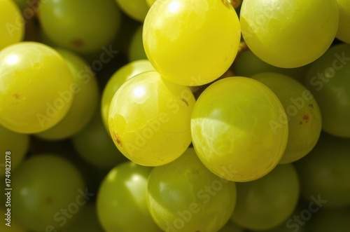 Close-up of ripe green grapes with translucent skin, sunlight passing through their surface revealing fine veins and natural patterns. Generative AI