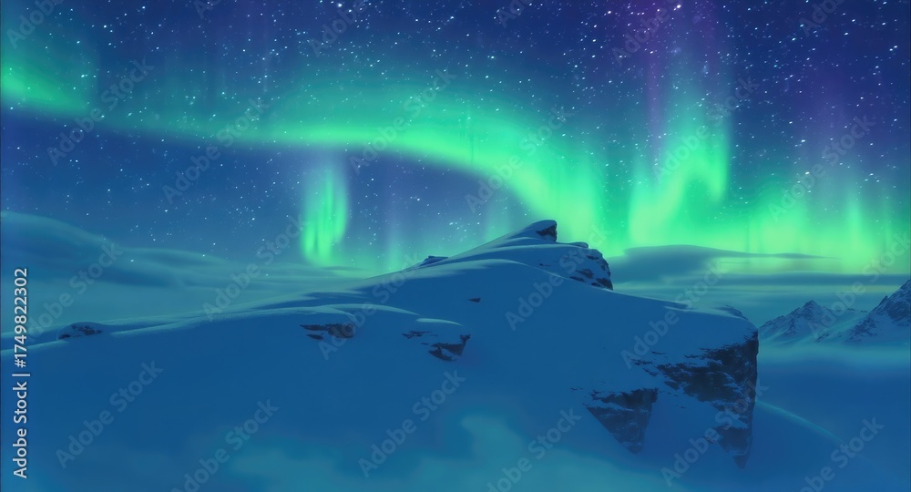 Naklejka premium Vibrant Aurora Borealis Over Snowy Landscape.