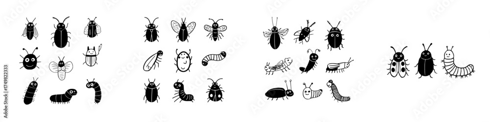 Fototapeta premium Cute hand-drawn black and white icons of various insects and bugs