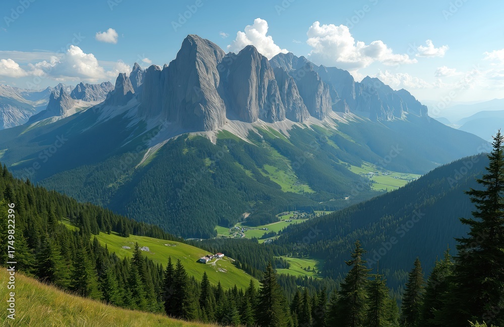 Obraz premium Scenic mountain range landscape in summer. Mountain peaks rise above green forest trees. Valley with houses stretches into distance under blue sky with clouds in highlands. Mountain valley panorama.