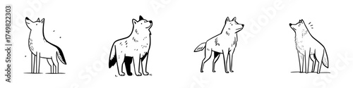 Four stylized canine figures in black and white outline drawing style