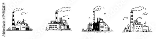 Four hand drawn industrial factory buildings with prominent smoke stacks
