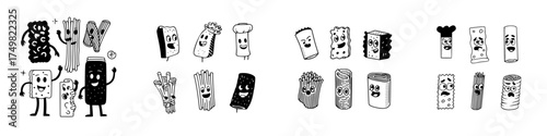 Assortment of cartoon pasta shapes with distinct expressive faces