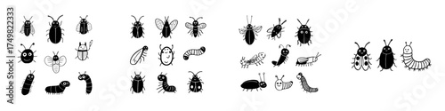 Cute hand-drawn black and white icons of various insects and bugs