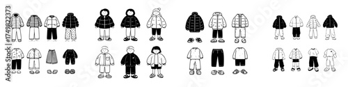Simple black and white icons of winter and casual clothing items and figures