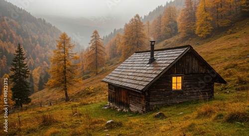 Wooden cabin with warm light in window on misty mountain slope with autumn trees. Cozy house in fall forest for travel or real estate.