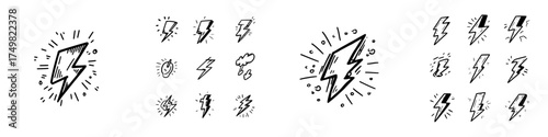 Set of hand drawn lightning bolt icons in doodle style